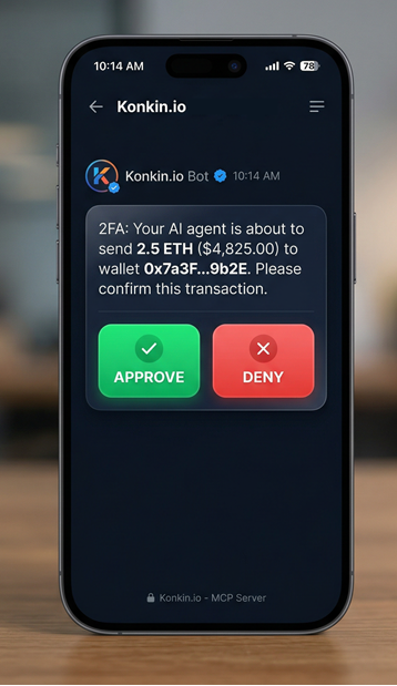 Mobile messenger showing an AI transaction approval request with Approve and Deny buttons